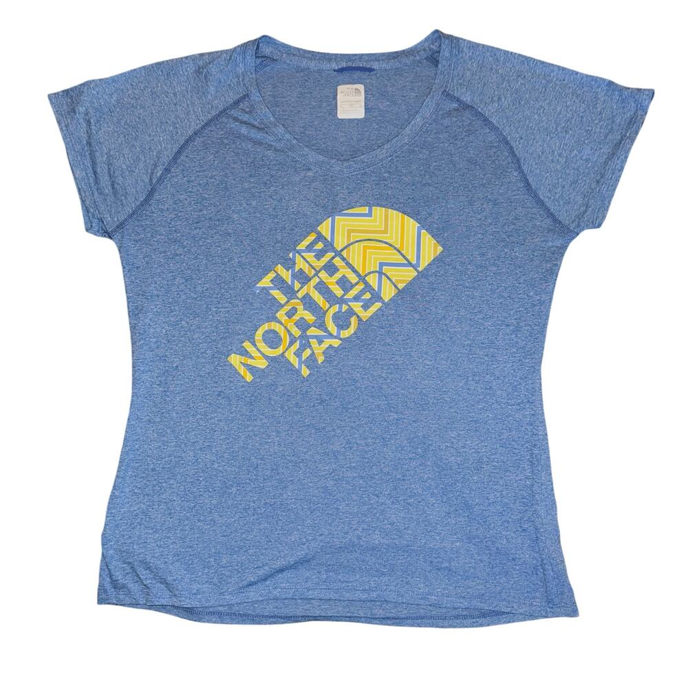 The North Face Wmns Short Sleeve Vapor Wick Tee Sz Large Blue w/ Yellow Logo